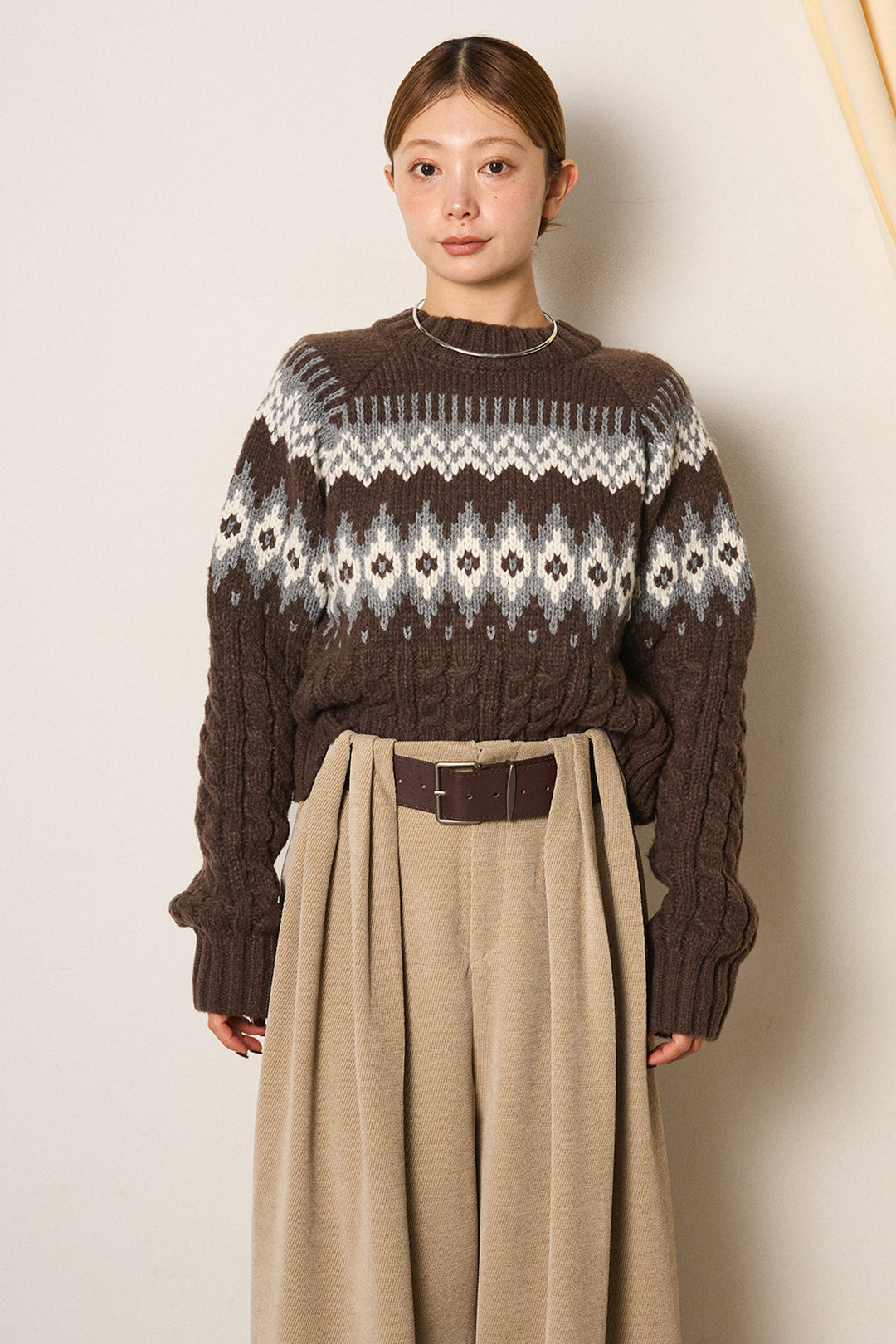 [SET]2WAY求心柄ジャガードショートカーディガン+起毛タック入りツイードワイドパンツ(2set)