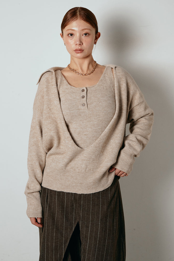 [SET]襟付きレイヤードニットトップス+細ストライプレイヤードデザインパンツ(2set)