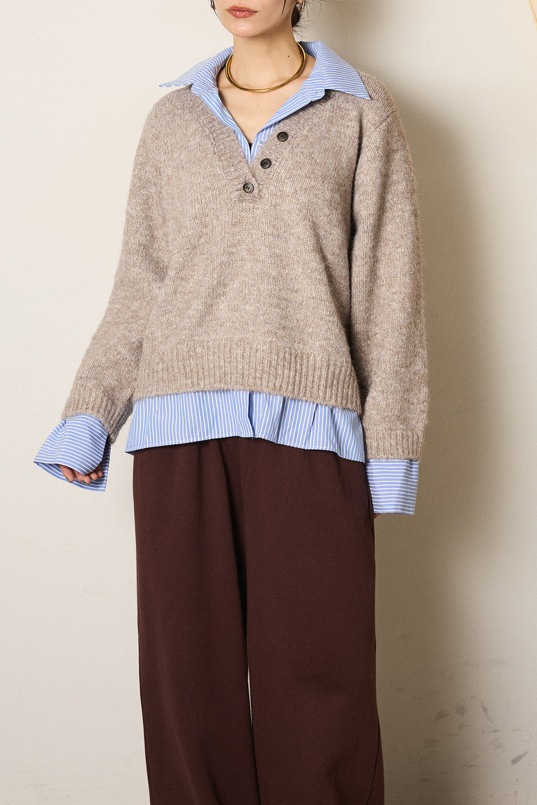 [SET]ストライプシャツドッキングニットポロトップス+デニムロングフレアスカート(2set)