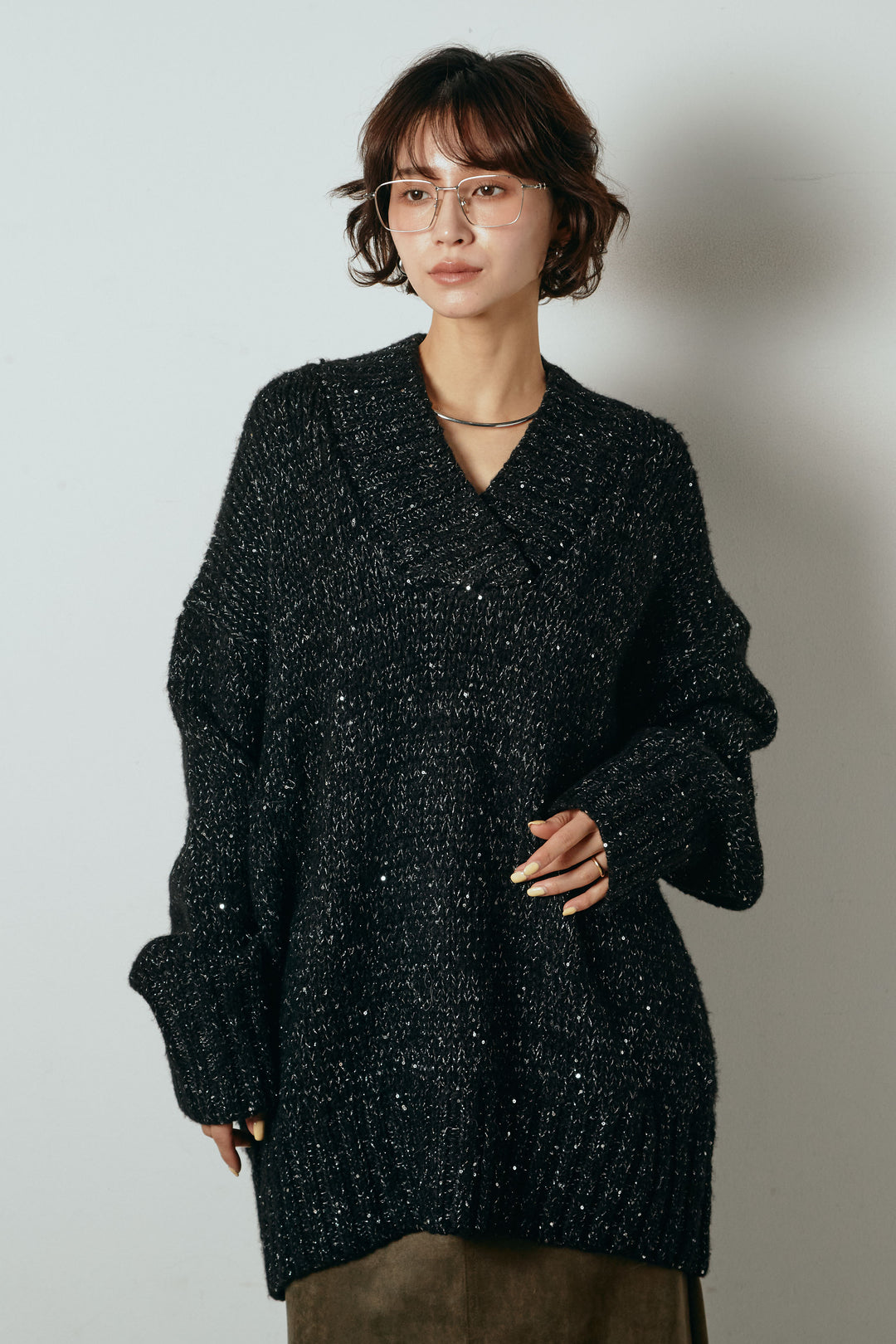 [SET]Vネックラメニットトップス+裏起毛スウェットワイドパンツ(2set)