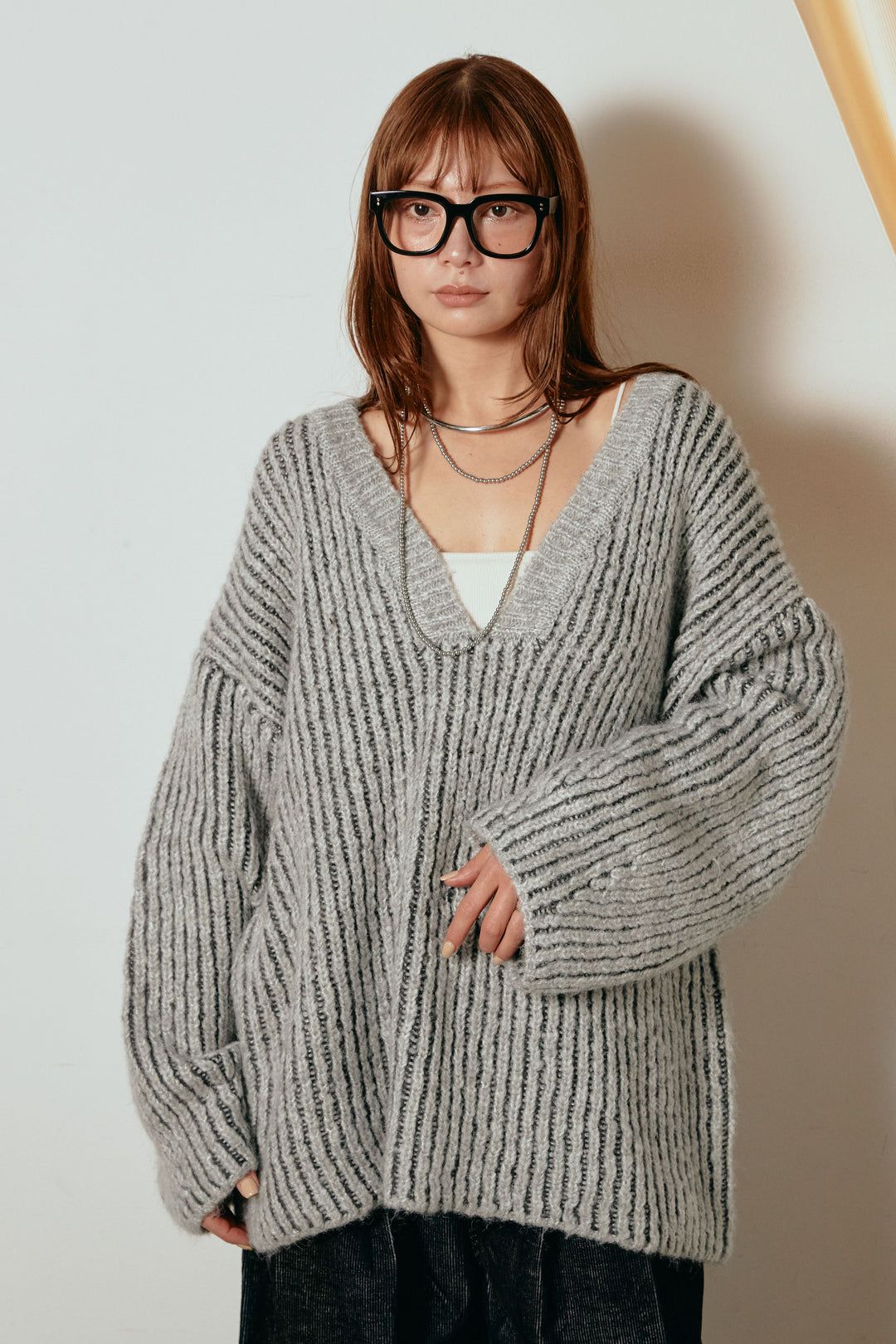 [SET]アルパカタッチ深Vニットトップス+タック入りコーデュロイワイドパンツ(2set)