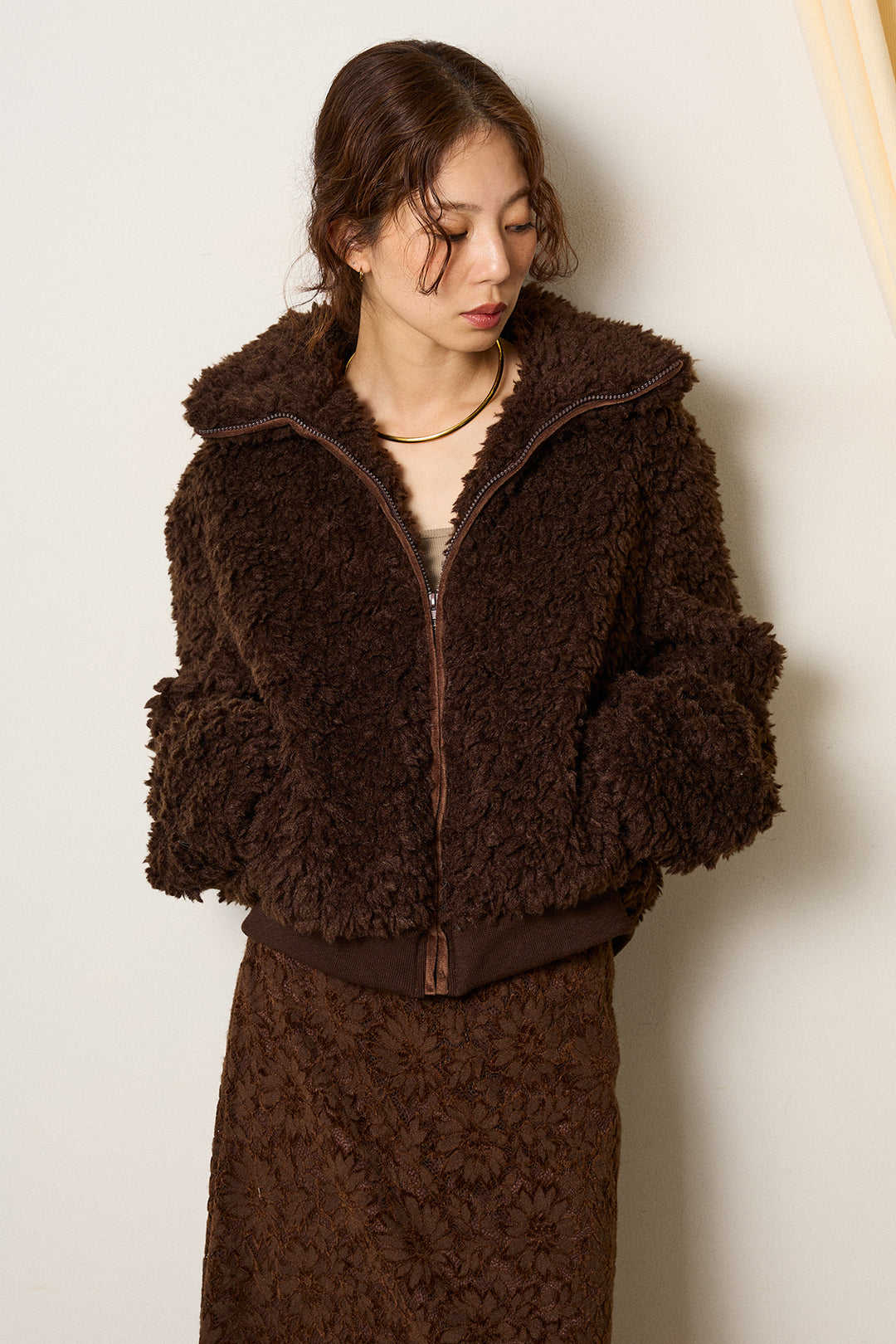 [SET]スタンドカラー裾リブボアブルゾン+花柄刺繍ベロアフレアスカート(2set)