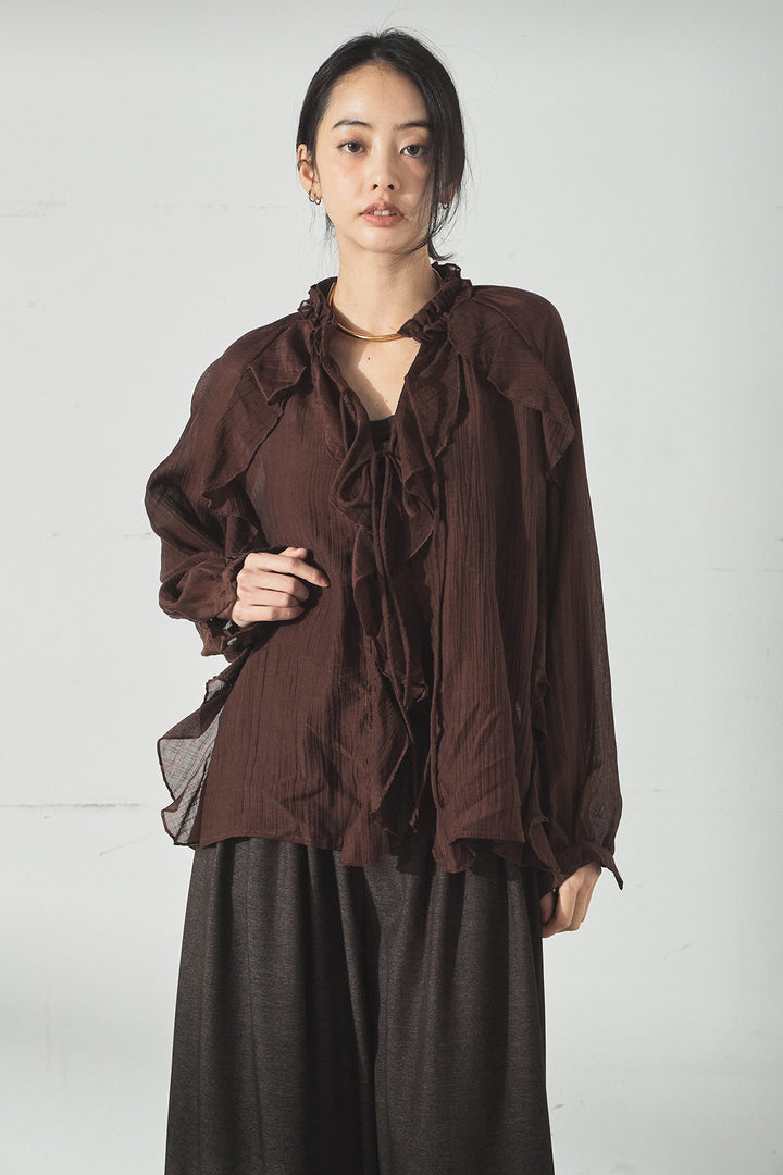 [SET]フロントリボンフリルブラウス+ピンストライプツータックサロペット(2set)