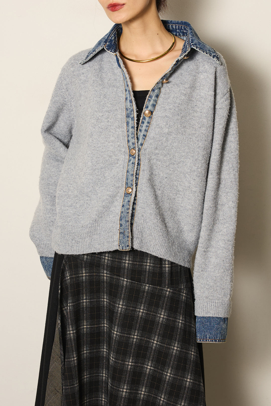 [SET]ニットドッキングデニムシャツ+フェイクレザーサイドベルトワイドパンツ+フェイクレザーベルト付き切り替えタータンチェックスカート(3set)