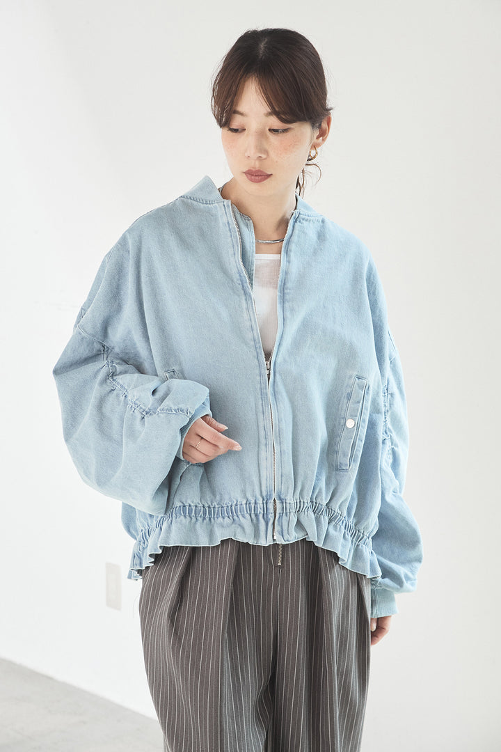 [SET]袖シャーリング裾フリルデニムブルゾン+レオパードサテンナロースカート(2set)