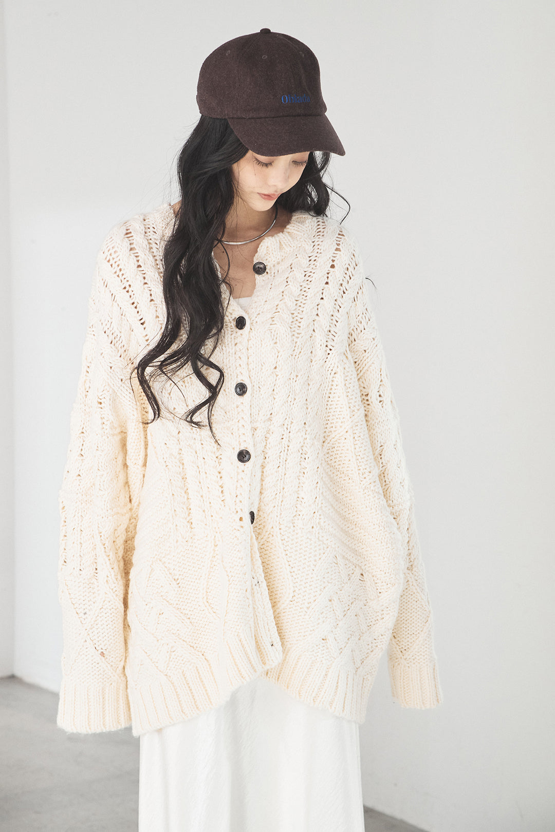 【即納】混合パターン編みニットカーディガン