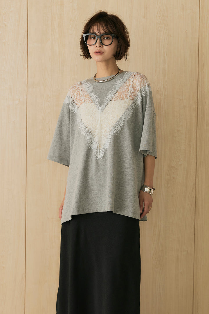 [SET]レース切替ビッグTシャツ+バイアスナローサテンスカート(2set)
