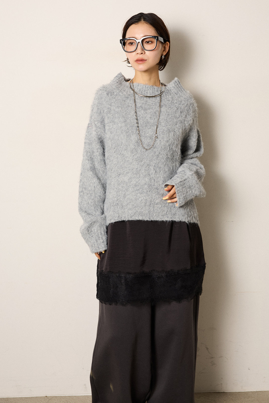 [SET]アルパカタッチオフショルニット+レース切り替えキャミソール(2set)