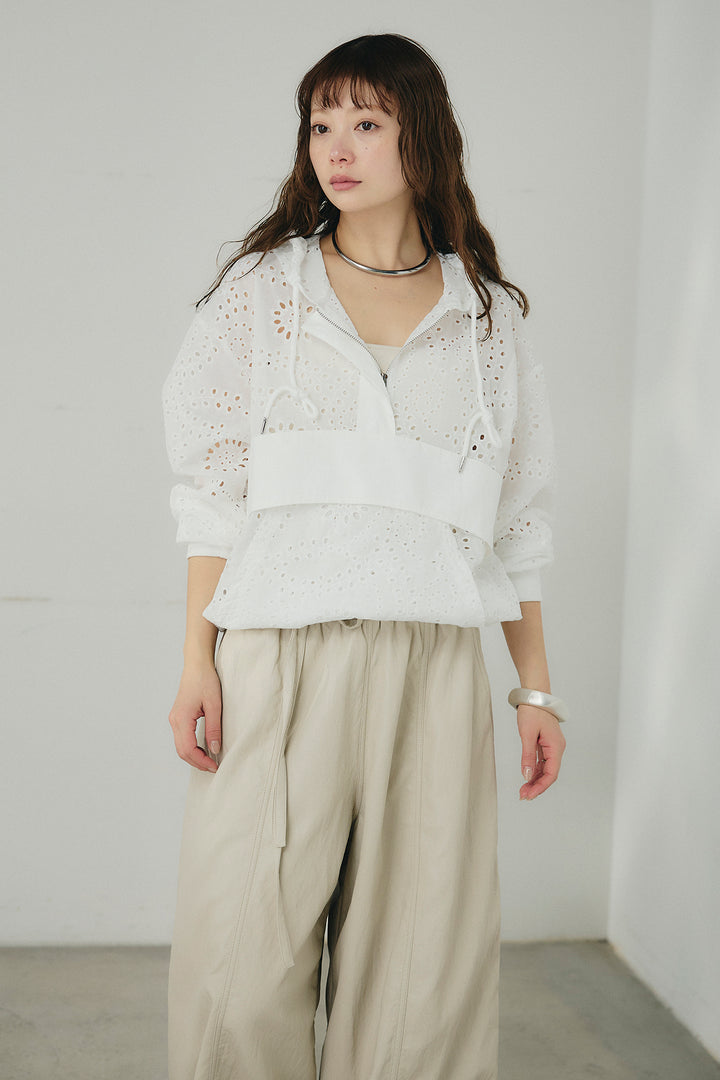 [SET]レースハーフジップアップフーディー+ベルト付きツータックワイドパンツ(2set)