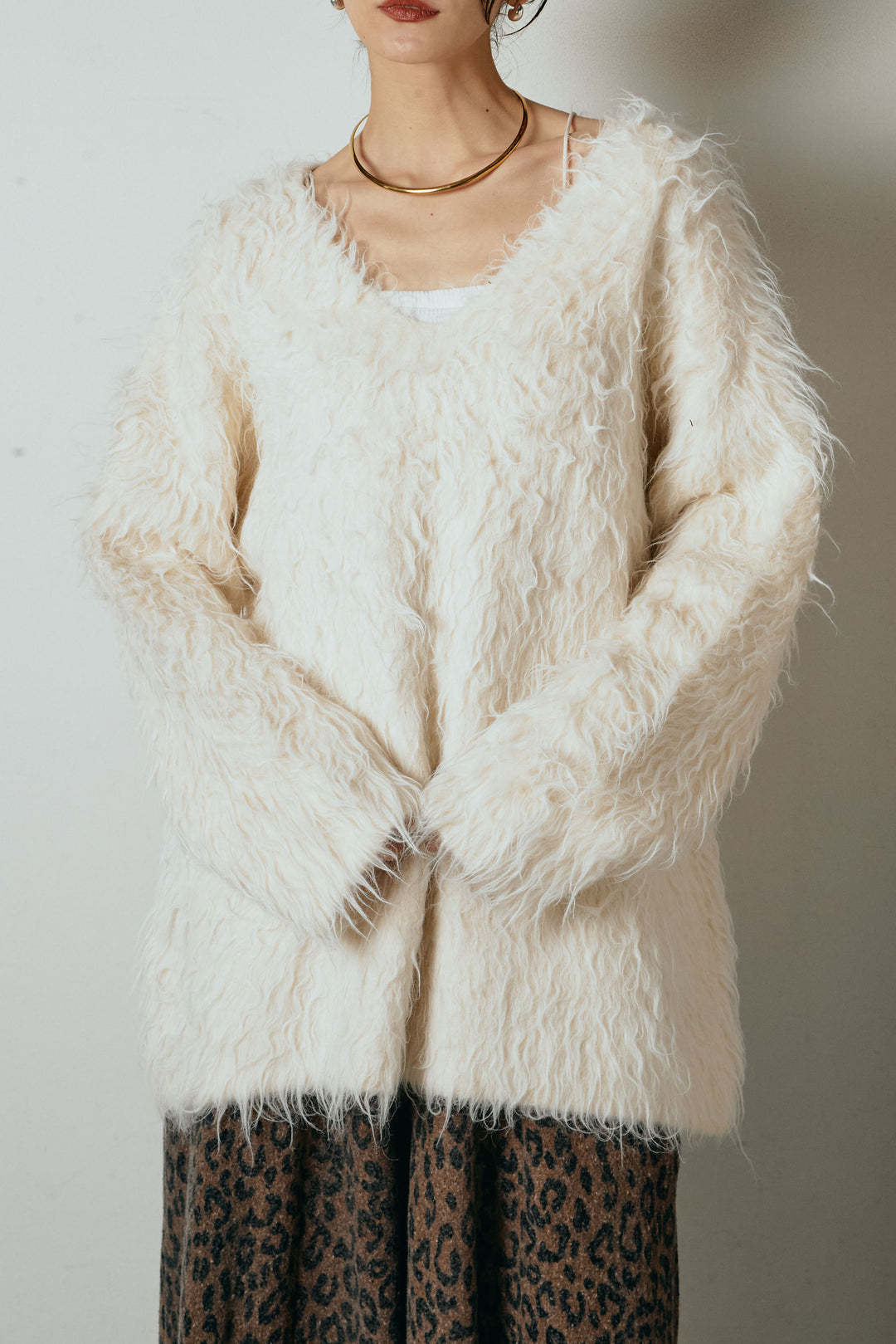 [SET]深Vネックシャギーニットトップス+リラックスレオパード柄ワイドパンツ(2set)