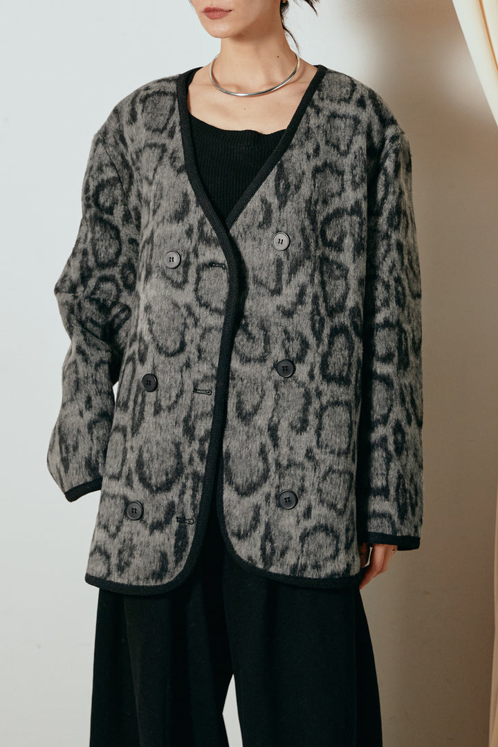 [SET]ノーカラーレオパード柄アウター+ノースリーブニットロングワンピース(2set)