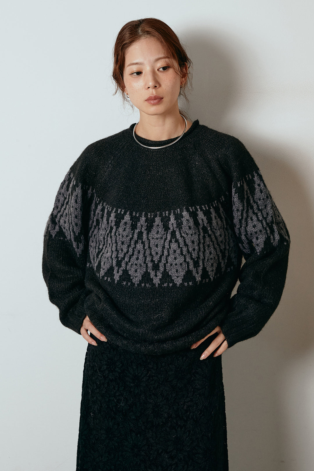 [SET]モノトーン柄ニットトップス+ラップ巻きワイドスラックス(2set)