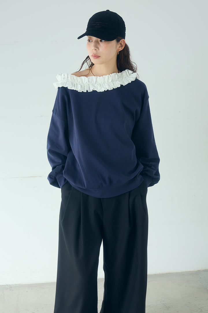 [SET]ネックギャザーフリルスウェット+異素材切り替えスウェットパンツ(2set)