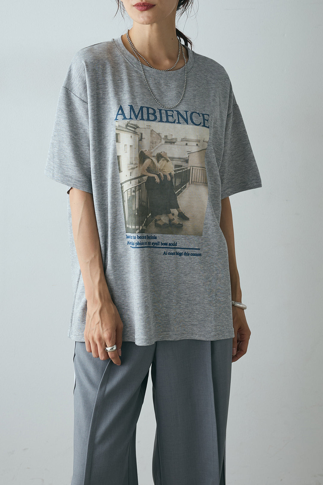 [SET]AMBIENCEフォトプリントTシャツ+サイドラインワイドスラックスパンツ(2set)