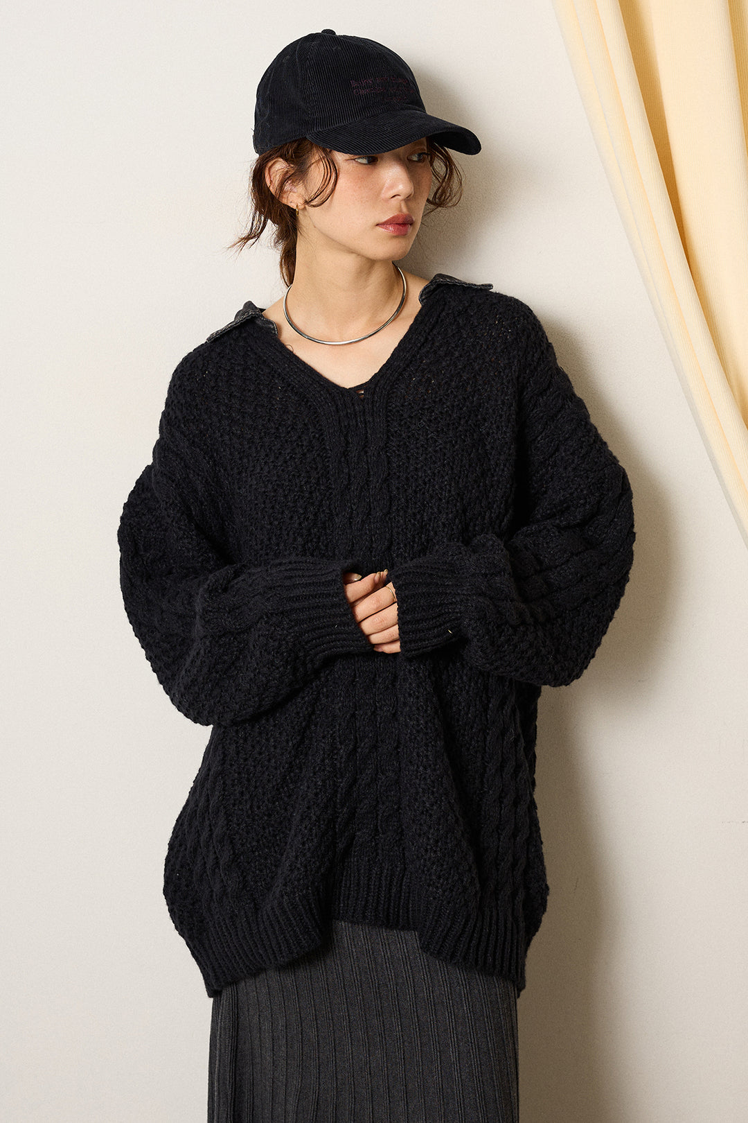 [SET]デニムカラーケーブルオーバーニット+編み地切り替えフレアニットスカート(2set)