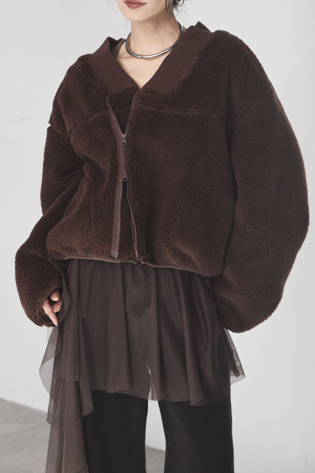 [SET]ノーカラーリブボアアウター+レオパードサテンナロースカート(2set)