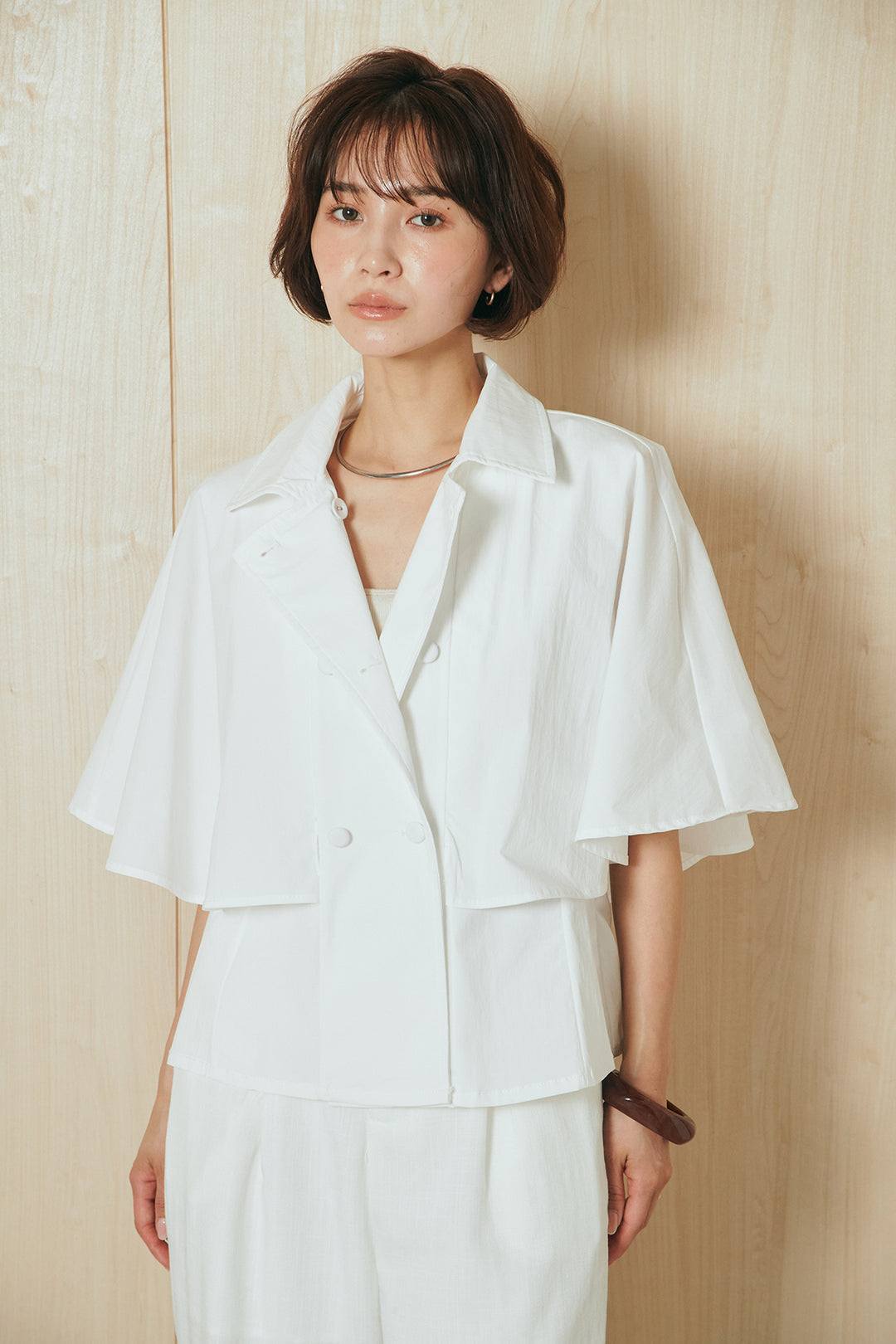 [SET]ダブルボタンシャツ+細ベルト付きタックワイドパンツ(2set)