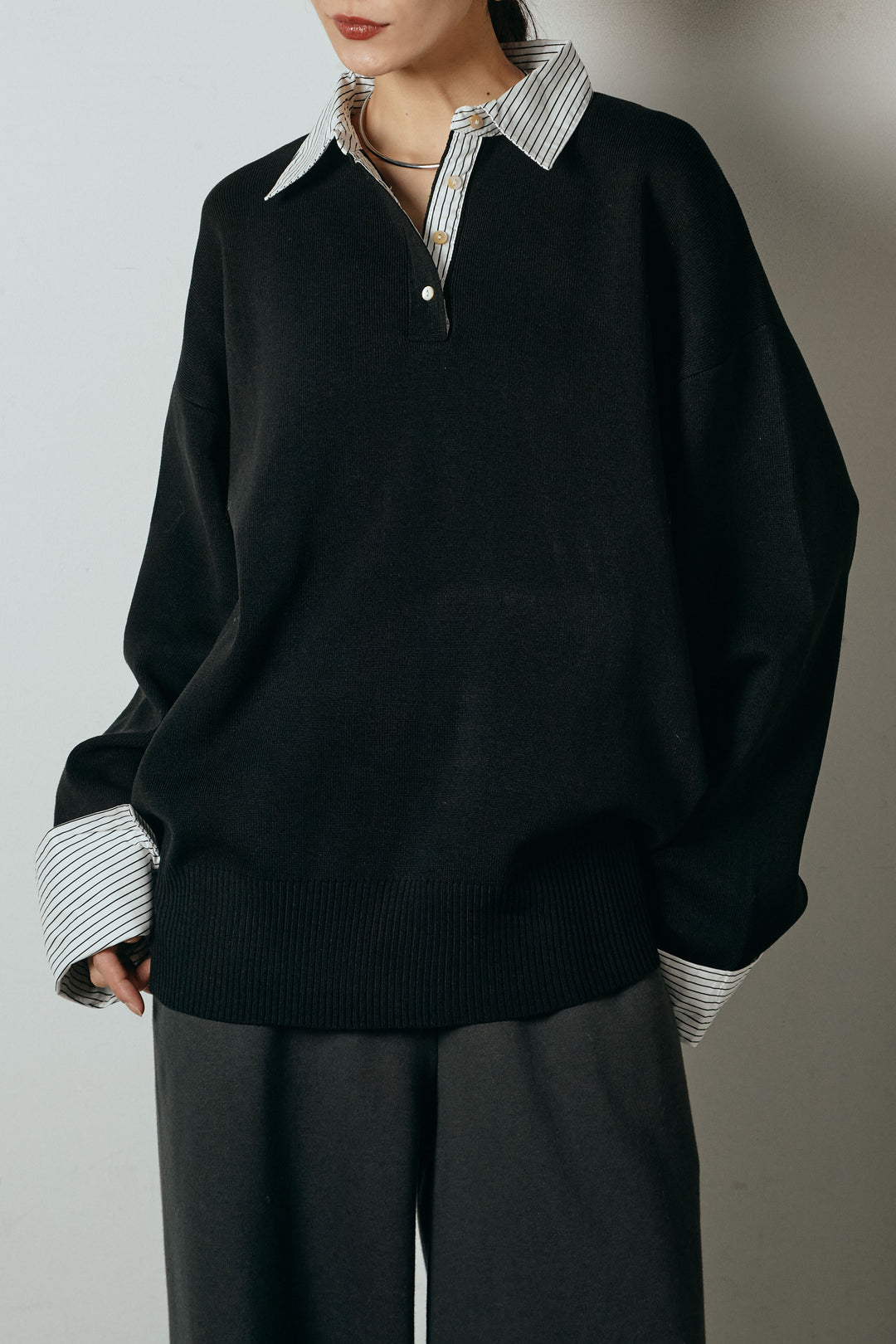 [SET]ストライプシャツドッキングポロトップス+裏起毛スウェットワイドパンツ(2set)