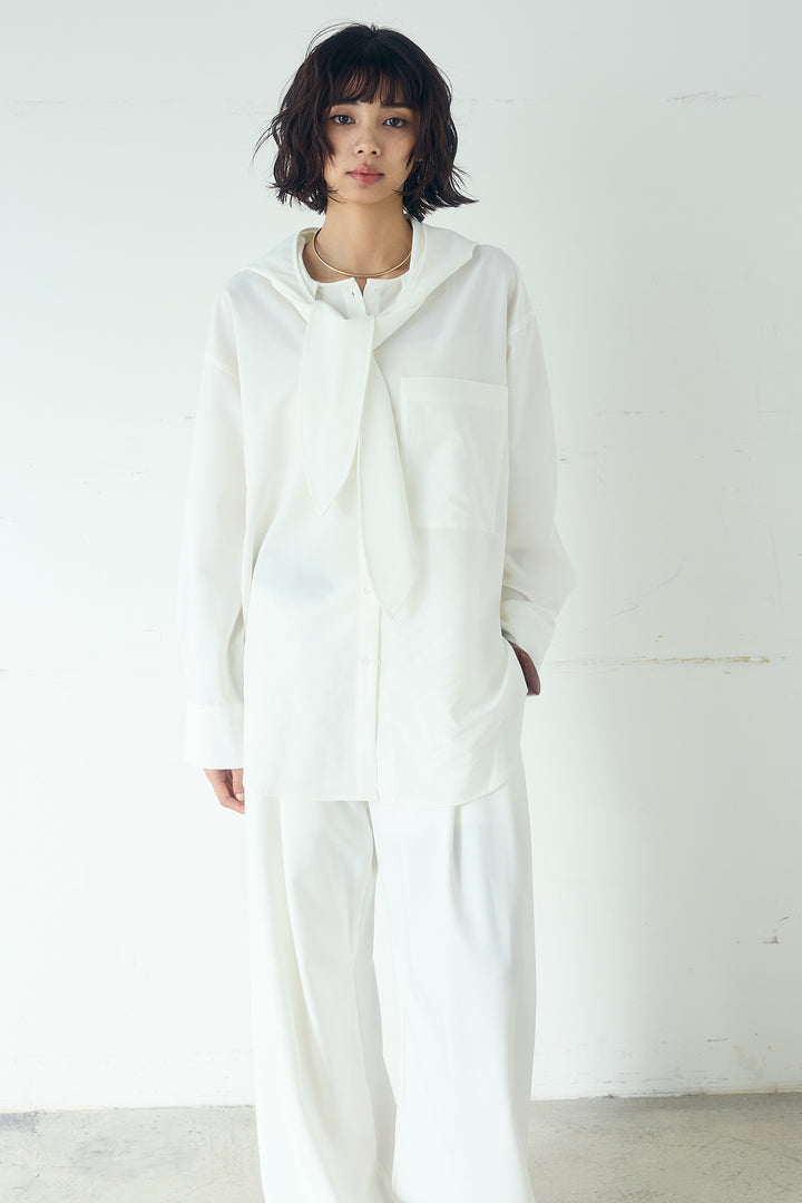 [SET]無地タイ付フーディーBIGシャツ+ランダムタックデザインワイドパンツ(2set)