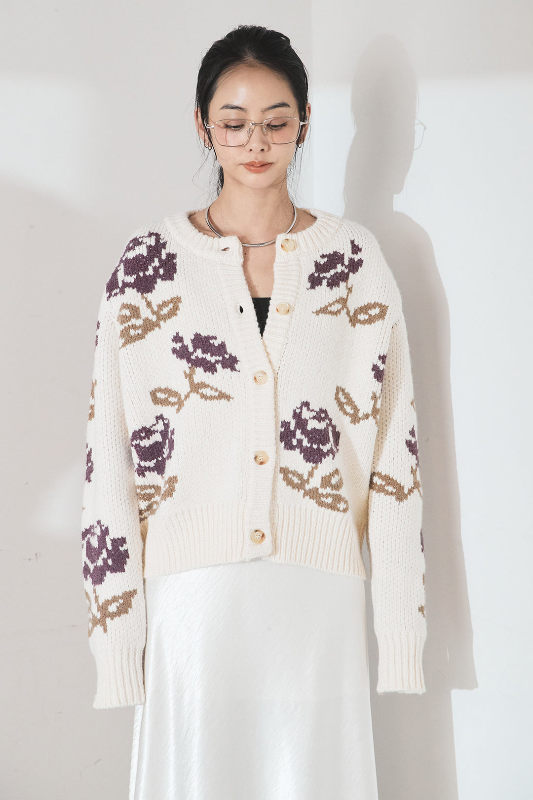 [SET]花柄ジャガードニットカーディガン+ウールタッチカーブワイドパンツ(2set)