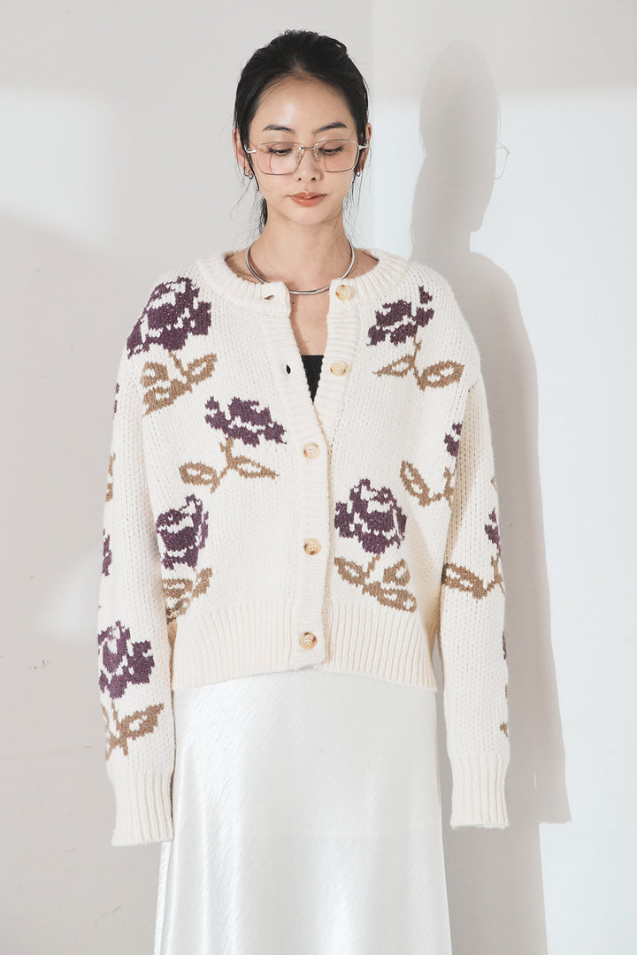 [SET]花柄ジャガードニットカーディガン+ウールタッチカーブワイドパンツ(2set)