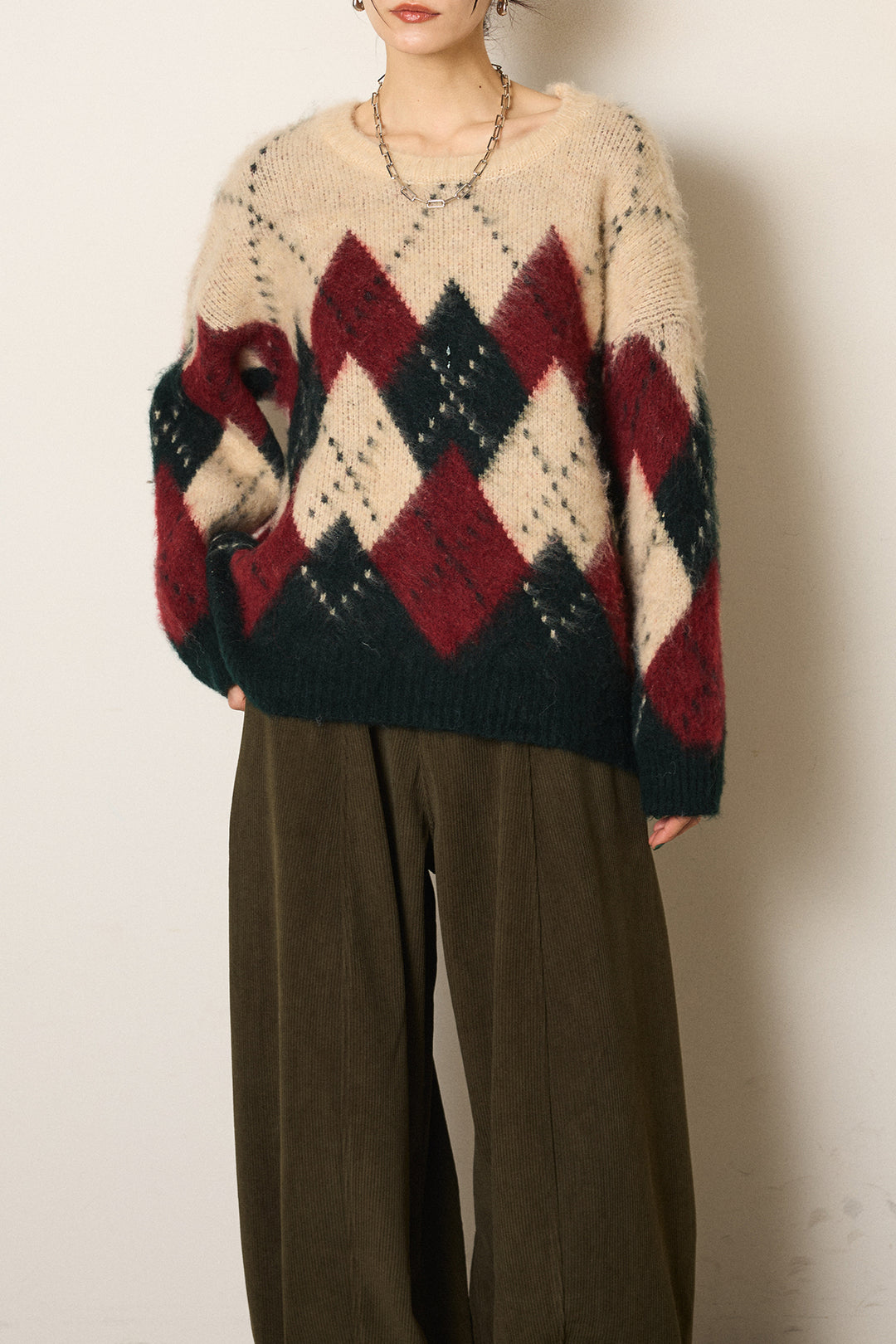 [SET]配色アーガイル柄ニットトップス+編みベルト付きワイドパンツ(2set)