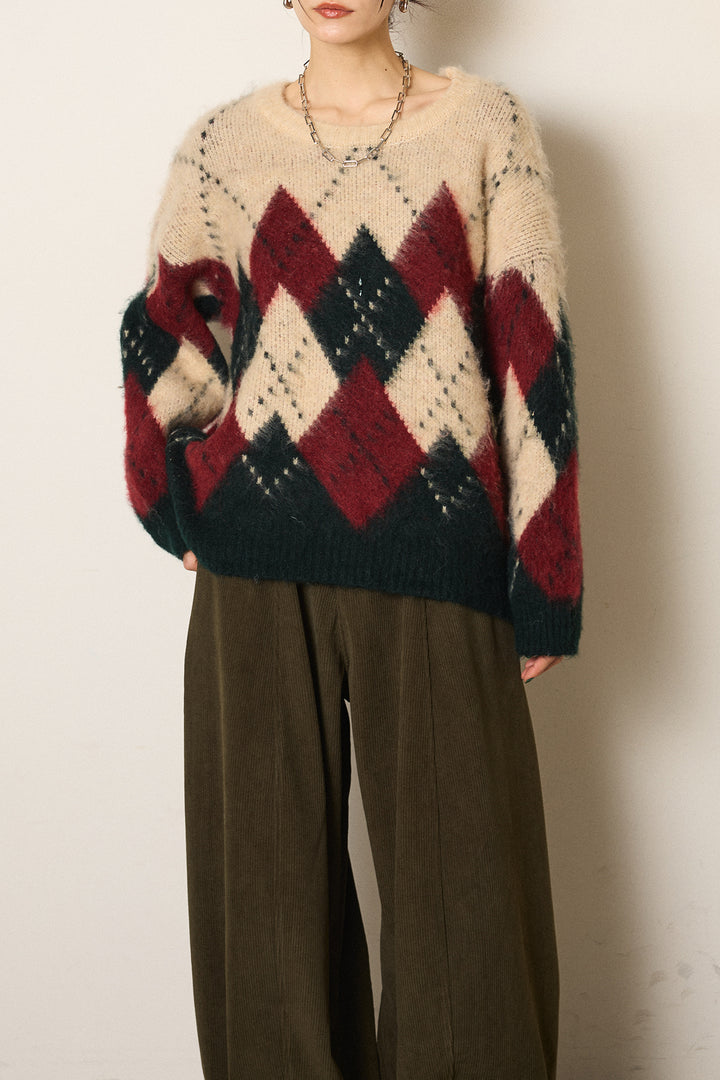 [SET]配色アーガイル柄ニットトップス+編みベルト付きワイドパンツ(2set)