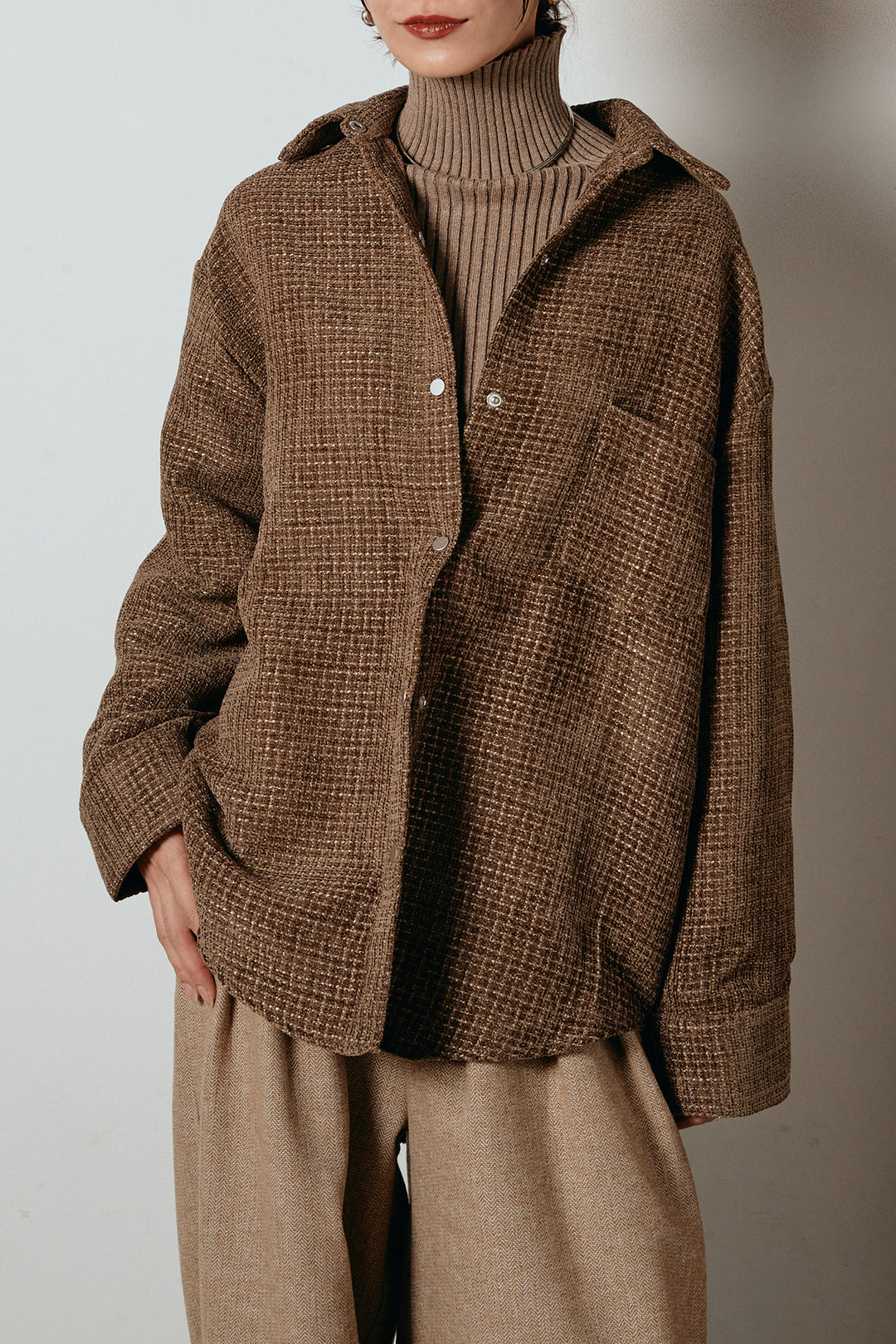 [SET]ルーズクラッシュツイルシャツ+ボーダーリラックスニットパンツ(2set)