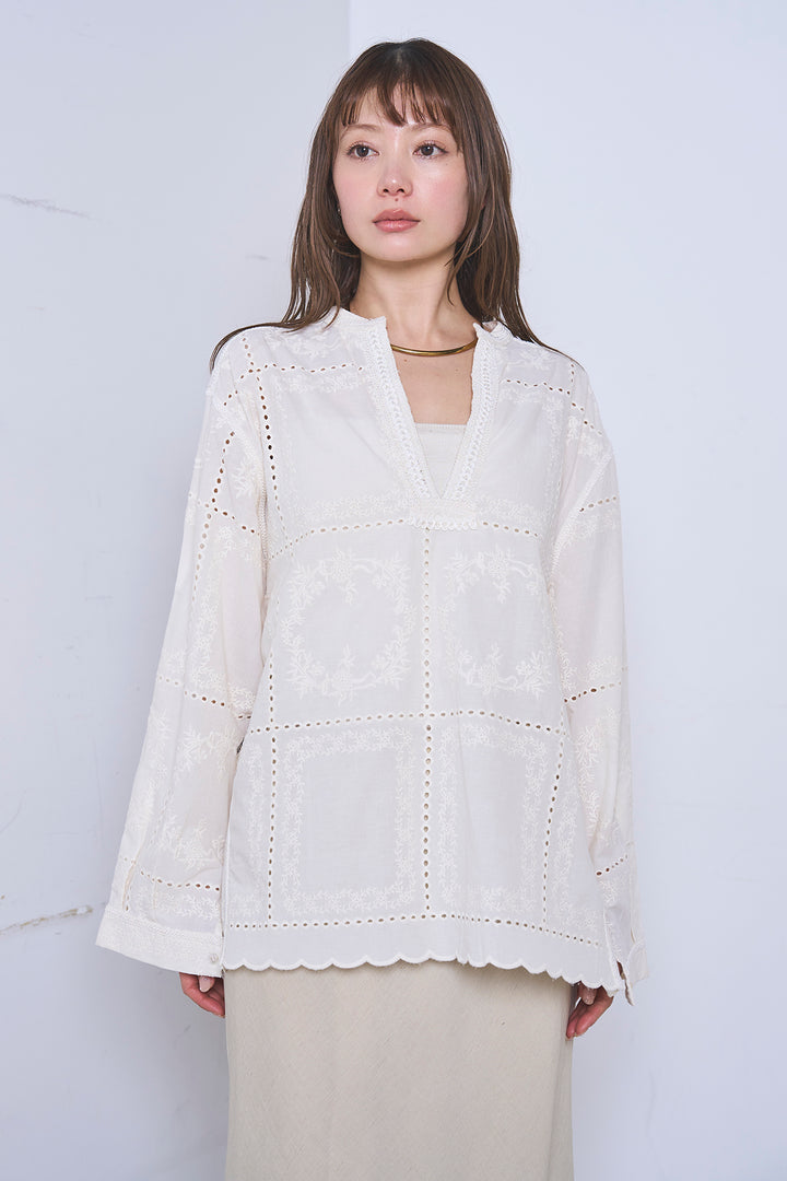 [SET]深V刺繍柄ブラウス+リネンブレンドロングナロースカート(2set)