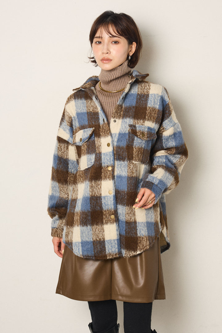 [SET]起毛チェック柄ポケットアウター+ストレッチエコレザーバミューダパンツ(2set)
