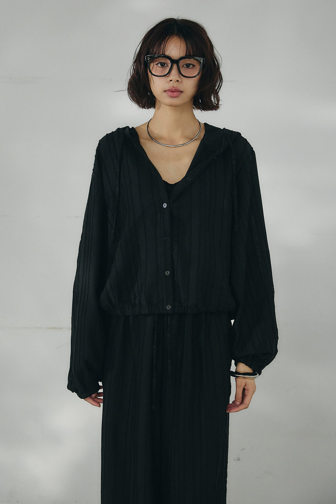 [SET]ストライプジャガードフードシャツ+ストライプジャガードロングイージーパンツ(2set)