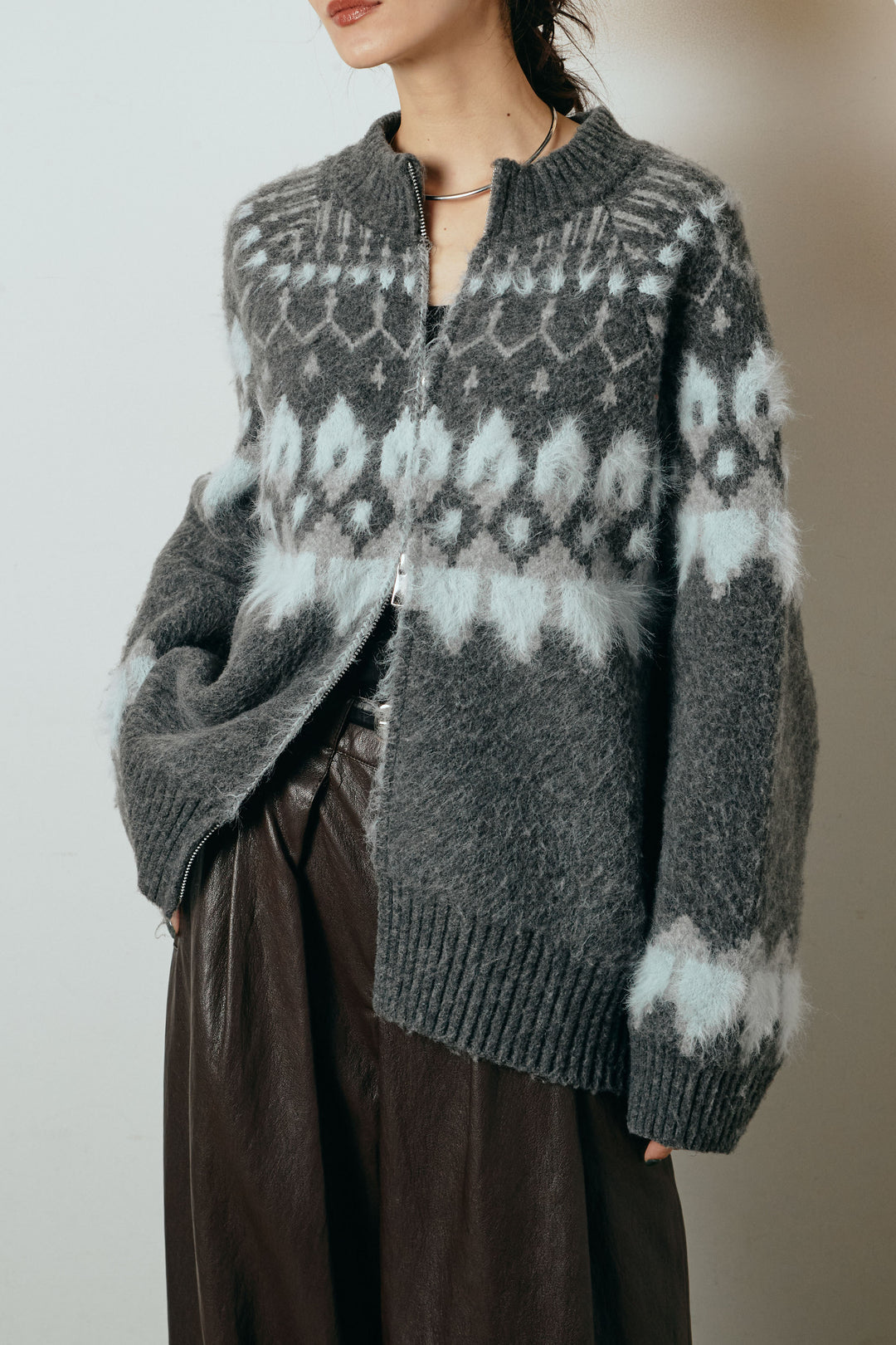 起毛ダブルジップパターンニットカーディガン