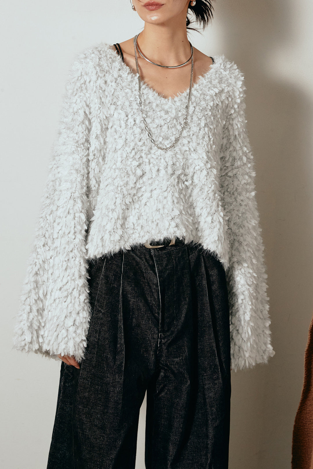 [SET]深Vネックチョウチョヤーンニットトップス+ベルト付きネップツイードカーブパンツ(2set)