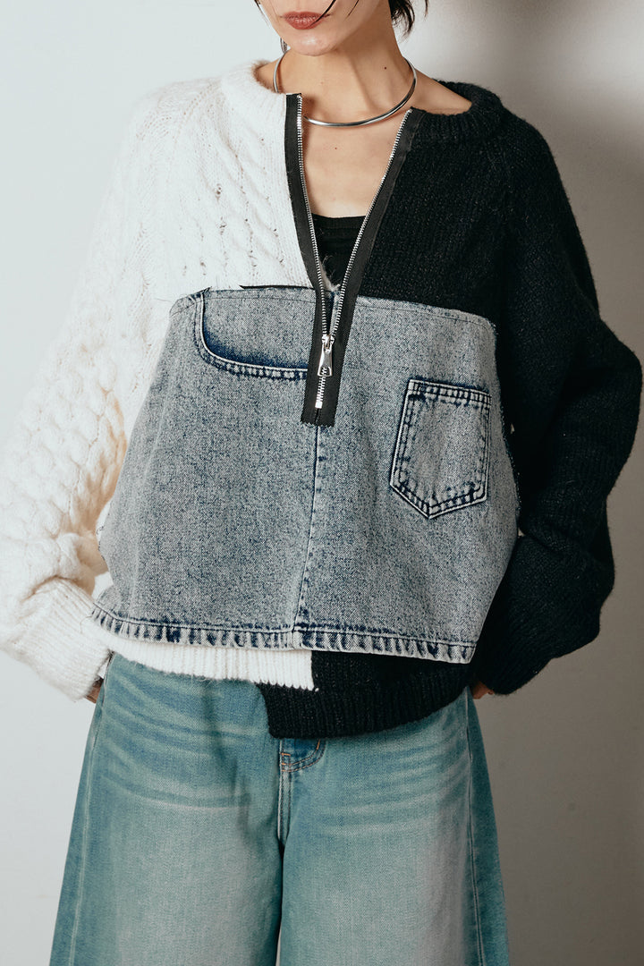 ハーフジップニットデニムドッキングトップス