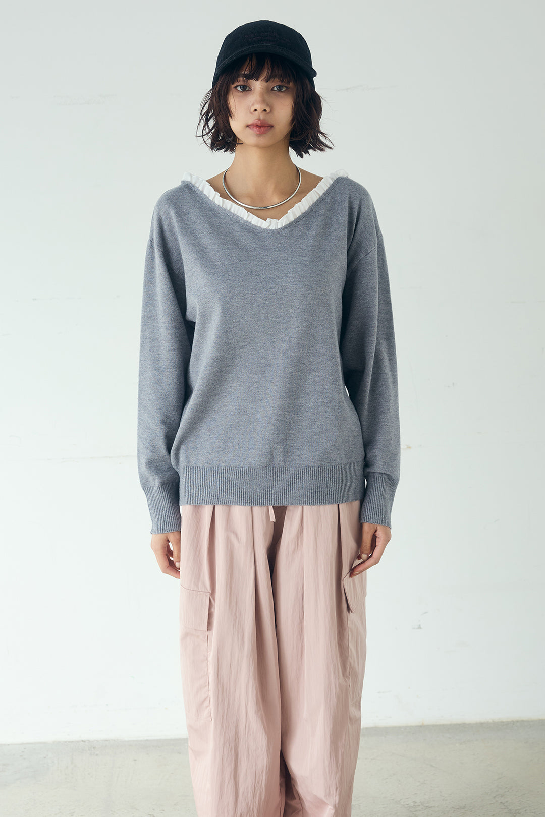 [SET]クールクール異素材コンビオフショルプルオーバー+ランダムタックデザインワイドパンツ(2set)
