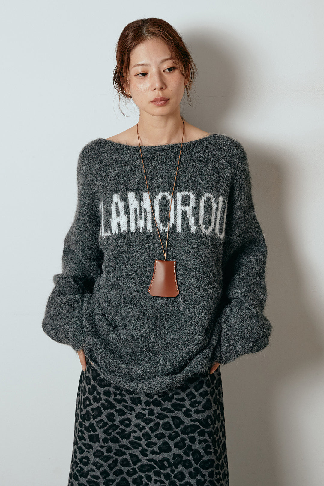 [SET]フロントロゴデザインニットトップス+ワイドツイルサロペット(2set)