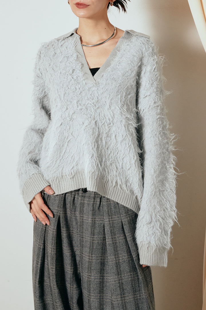 [SET]襟付きシャギーニットポロトップス+タータンチェック柄タックパンツ(2set)