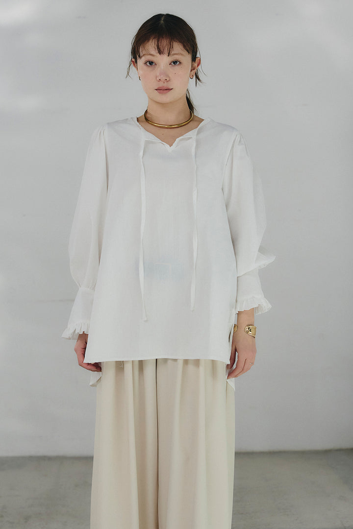 [SET]コットンフリルブラウス+デニムサロペットワイドパンツ(2set)