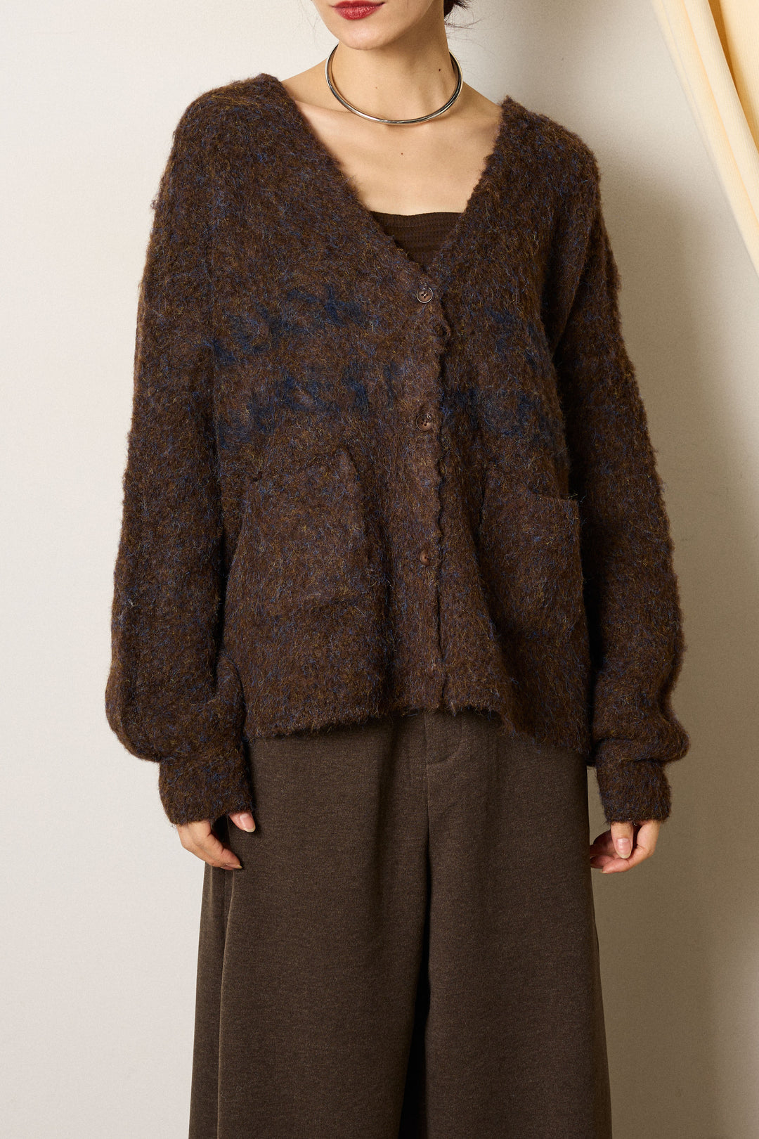 [SET]ウール混透かしロゴニットカーディガン+グレンチェックルーズタックパンツ(2set)