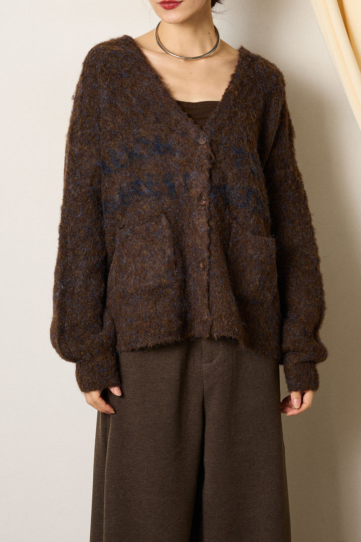 [SET]ウール混透かしロゴニットカーディガン+グレンチェックルーズタックパンツ(2set)