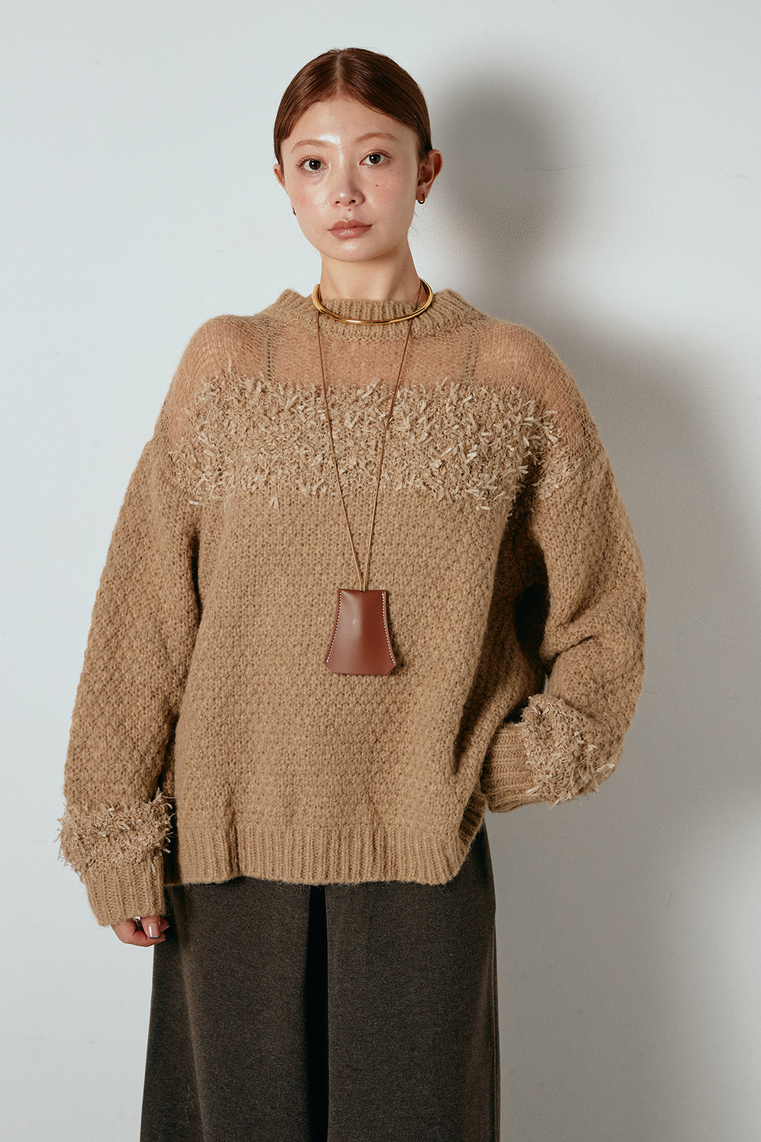 [SET]パターンランダム編みニットトップス+ベルト付きフロントタックデザインパンツ(2set)