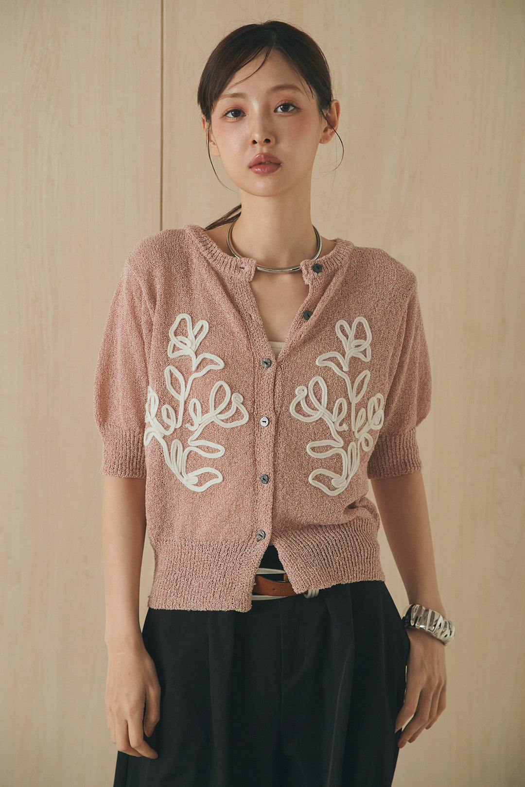 [SET]フロントテープデザイン半袖カーディガン+ベルトループデザインハイウエストタックパンツ(2set)