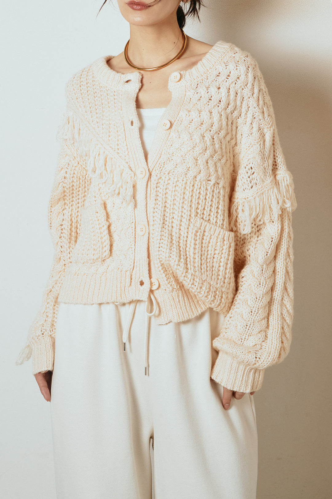 [SET]ランダムフリンジニットカーディガン+リラックスレオパード柄ワイドパンツ(2set)