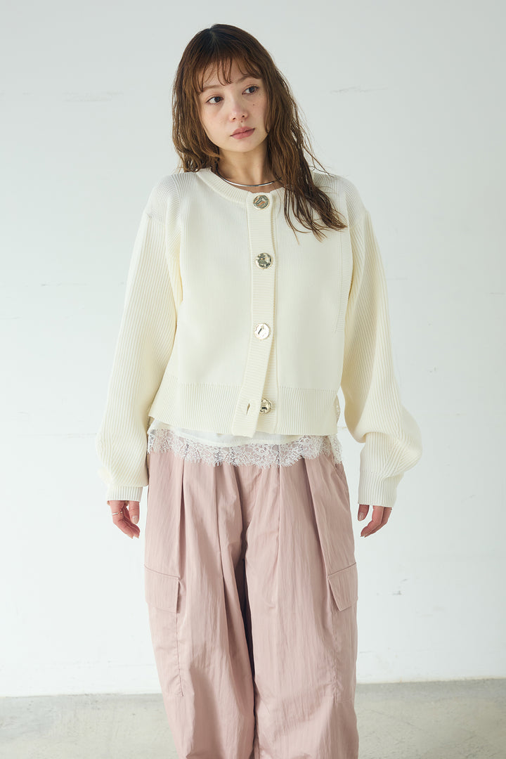 [SET]スポンディッシュBIGボタンクルーネックカーディガン+ブロード切り替えぺプラムタンク(2set)