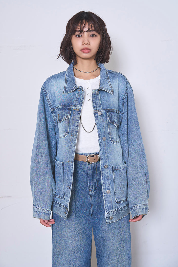 [SET]ケミカルデニムカバーオールジャケット+ベルトループワイドタックデニムパンツ(2set)