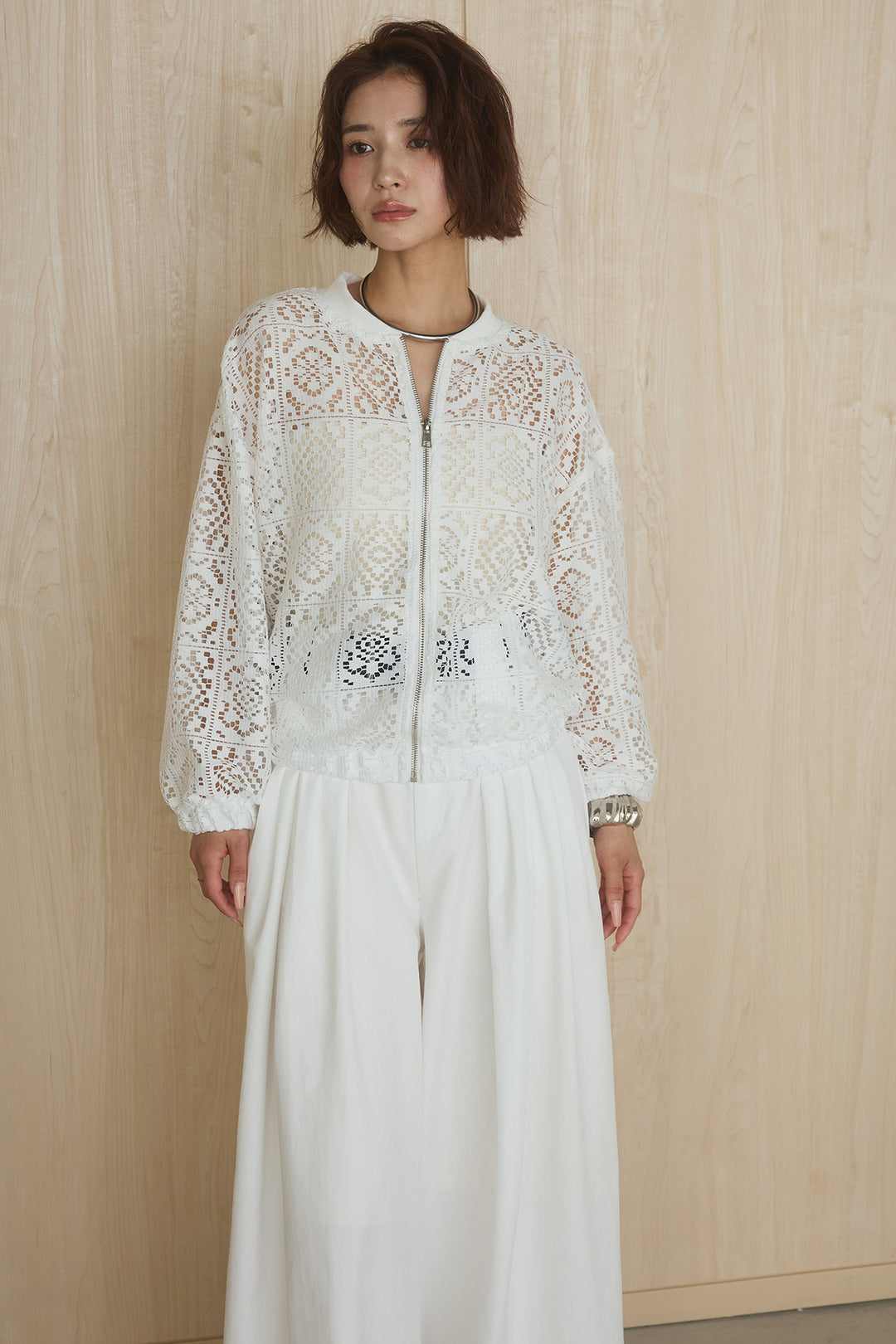 [SET]幾何レースブルゾン+ベルト付きビックループワイドパンツ(2set)