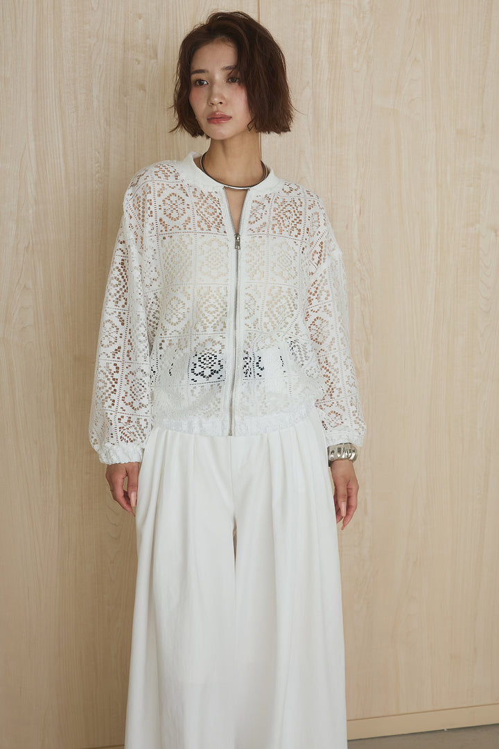 [SET]幾何レースブルゾン+ベルト付きビックループワイドパンツ(2set)