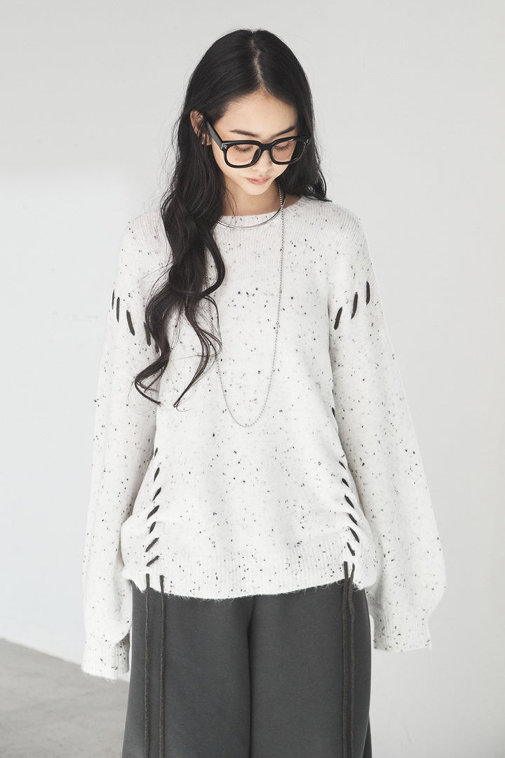 [SET]ネップ編み上げニットトップス+裏起毛スウェットワイドパンツ(2set)