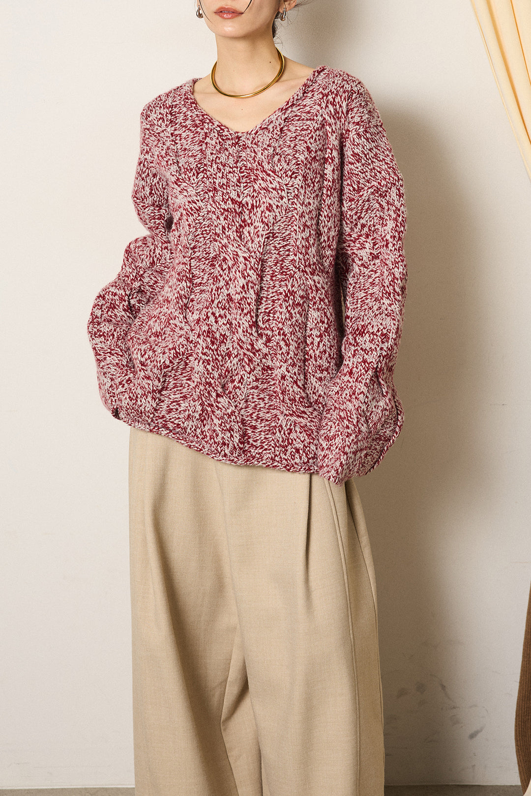 [SET]Vネックミックス編みニットトップス+ポーチベルト付きカーブパンツ(2set)