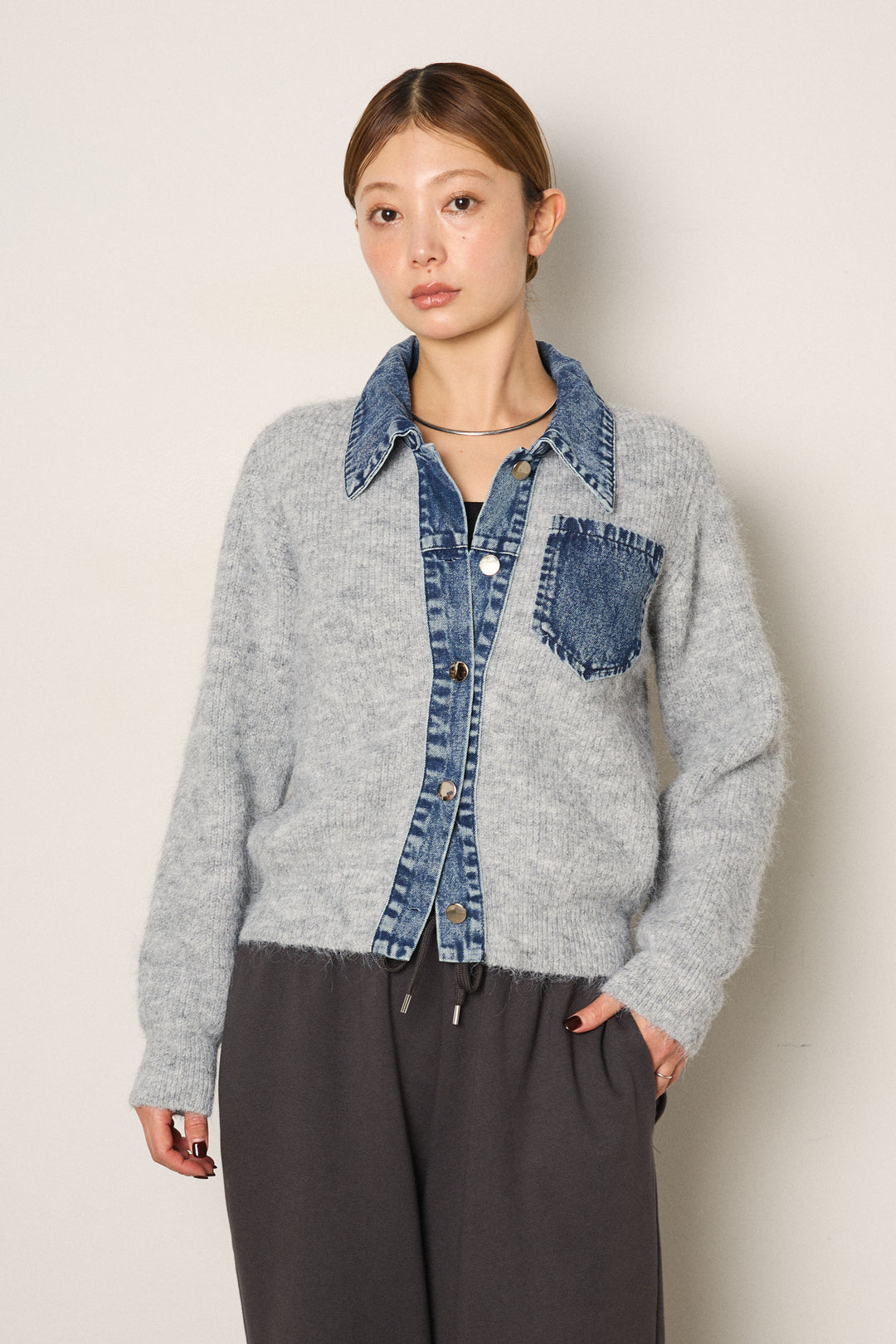 [SET]襟付きデニム切替ニットカーディガン+起毛タック入りツイードワイドパンツ(2set)
